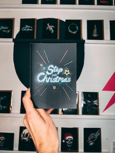 Neon Step Into Christmas Card (white back)