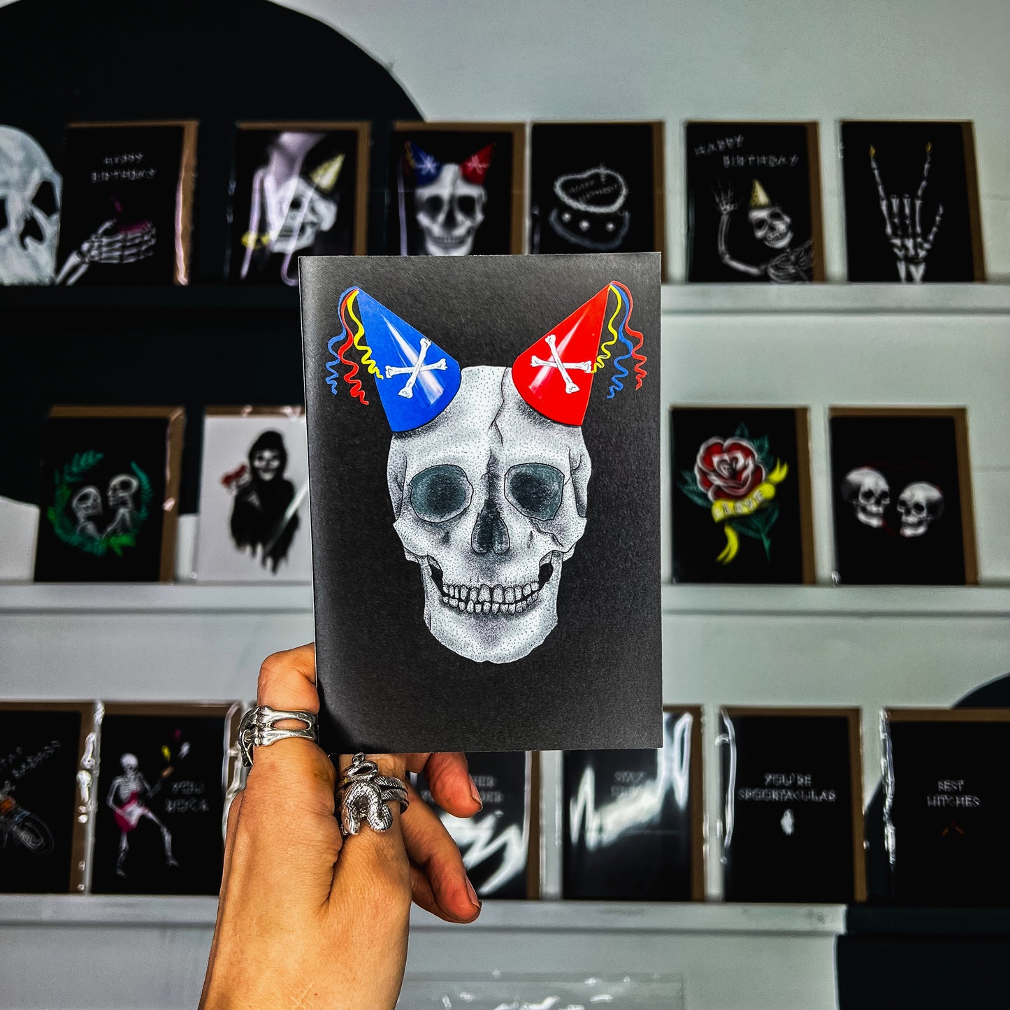 Skull with Double Party Hat Gothic Birthday Card