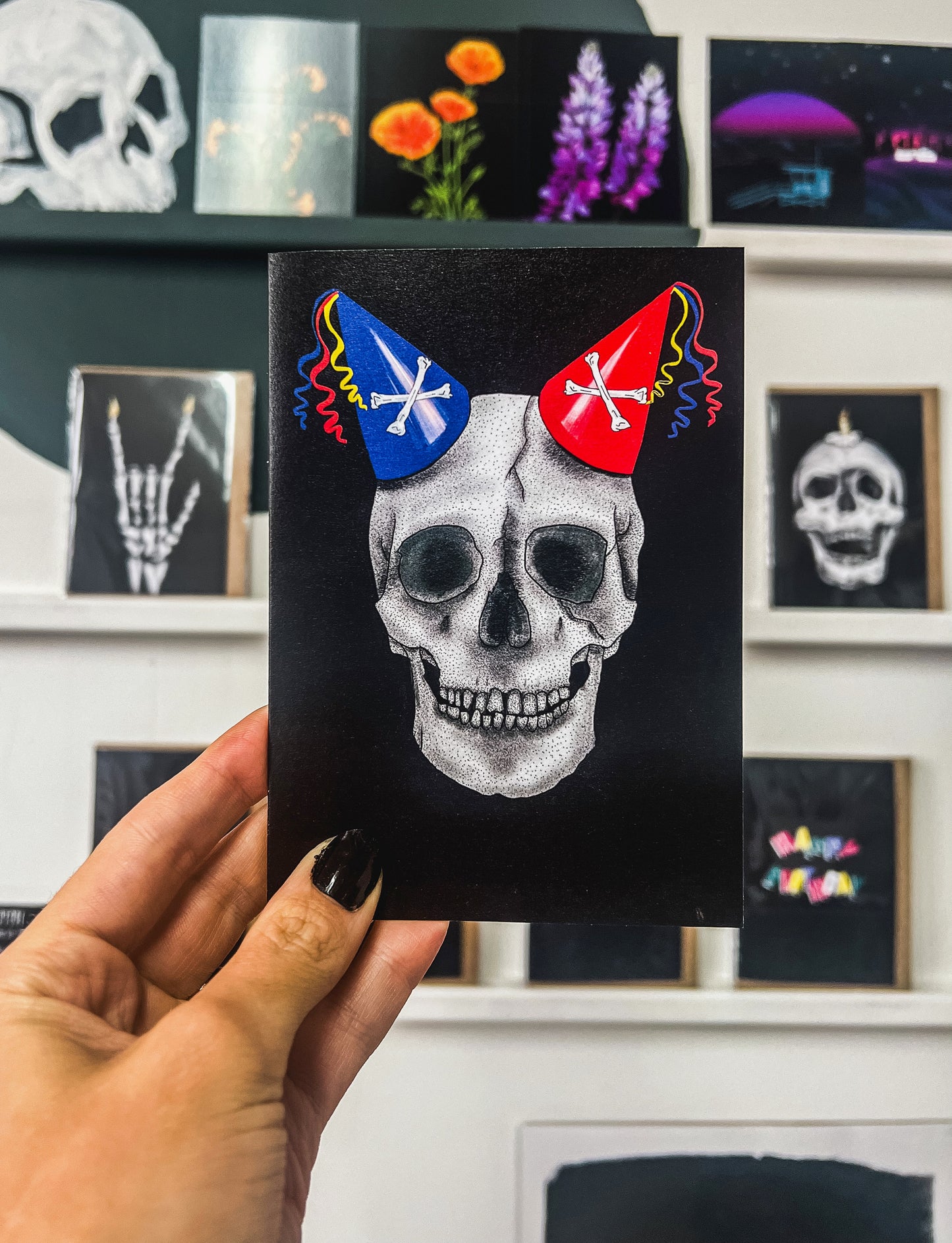 Skull with Double Party Hat Gothic Birthday Card