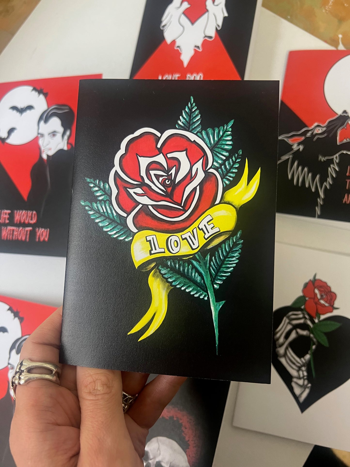 Tattoo Rose with Love Banner Greetings Card