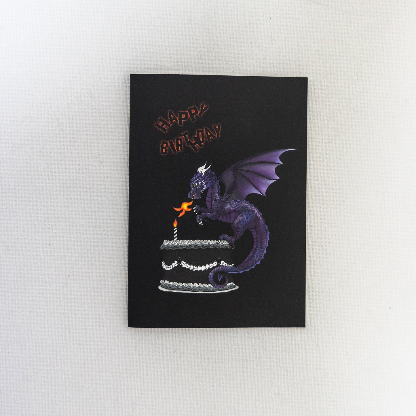 Purple Fire Breathing Dragon On Cake Birthday Card