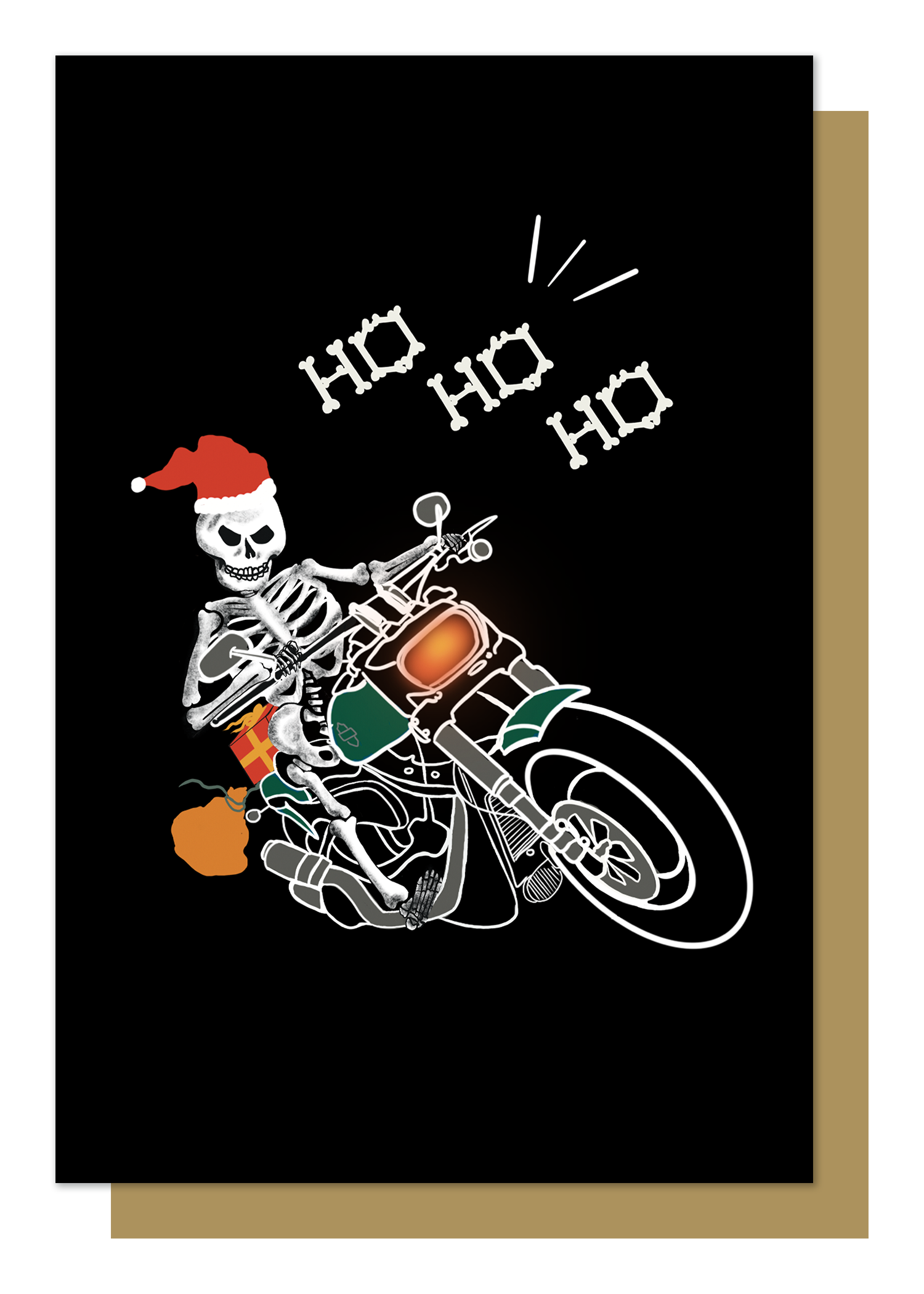 Wayward black greetings card with Biker Skeleton Santa Claus on a motorbike with bone lettering saying Ho Ho Ho