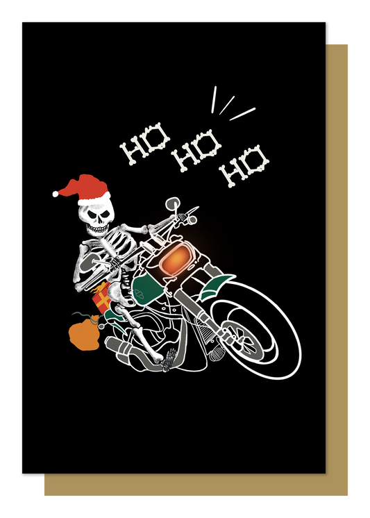 Wayward black greetings card with Biker Skeleton Santa Claus on a motorbike with bone lettering saying Ho Ho Ho
