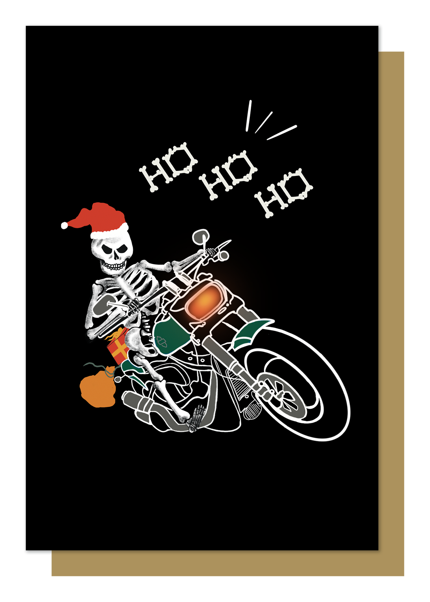 Wayward black greetings card with Biker Skeleton Santa Claus on a motorbike with bone lettering saying Ho Ho Ho 