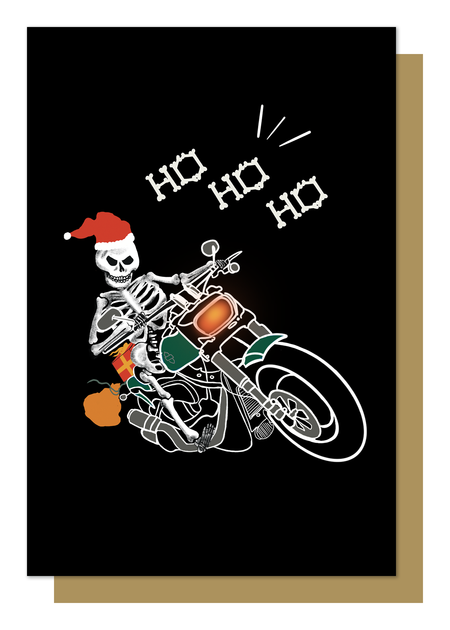 Wayward black greetings card with Biker Skeleton Santa Claus on a motorbike with bone lettering saying Ho Ho Ho 