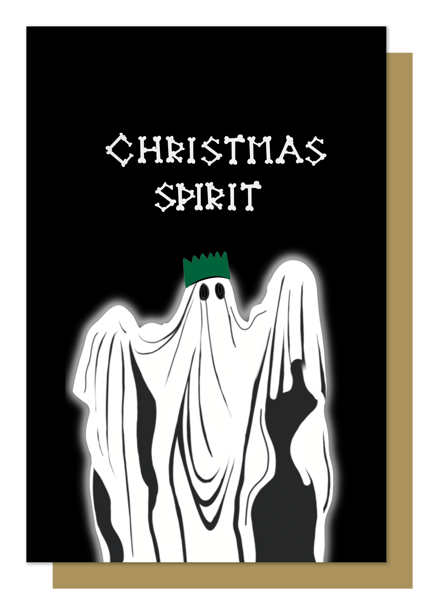 Wayward - black christmas card writing in bones with Christmas spirit, underneath illustration of ghost with a christmas hat