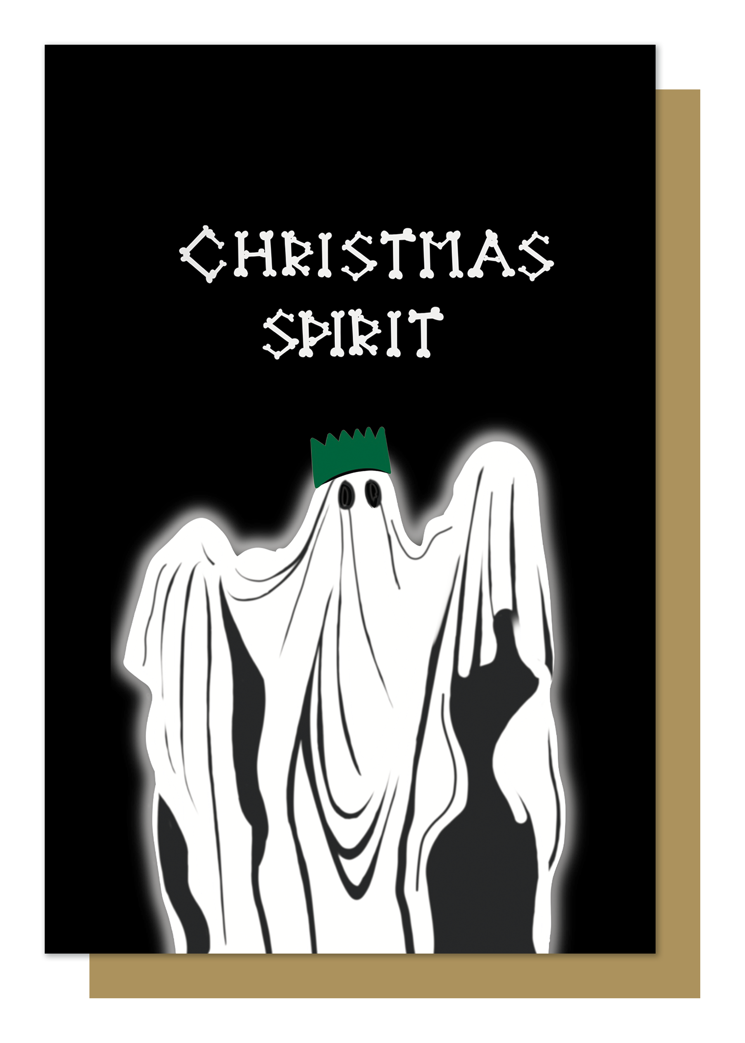 Wayward - black christmas card writing in bones with Christmas spirit, underneath illustration of ghost with a christmas hat