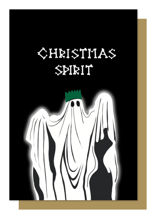 Wayward - black christmas card writing in bones with Christmas spirit, underneath illustration of ghost with a christmas hat 