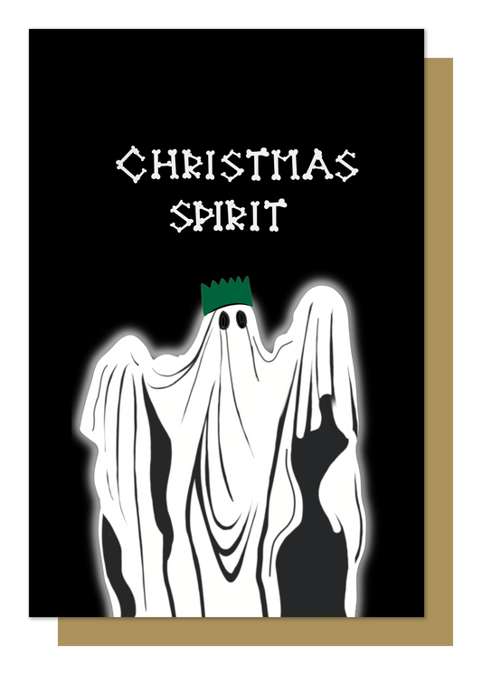 Wayward - black christmas card writing in bones with Christmas spirit, underneath illustration of ghost with a christmas hat