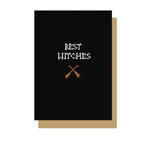 Wayward Black greetings crd with Best Witches written in bone letters with two small brooms crossed underneath