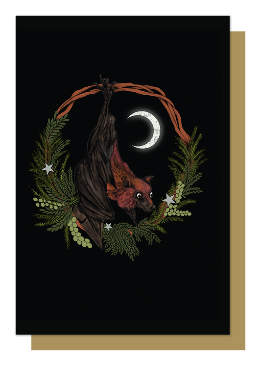 Bat With Wreath Gothic Christmas Card
