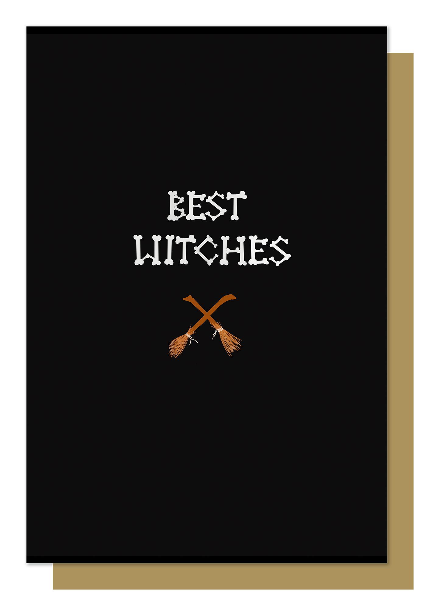 Wayward Black greetings crd with Best Witches written in bone letters with two small brooms crossed underneath