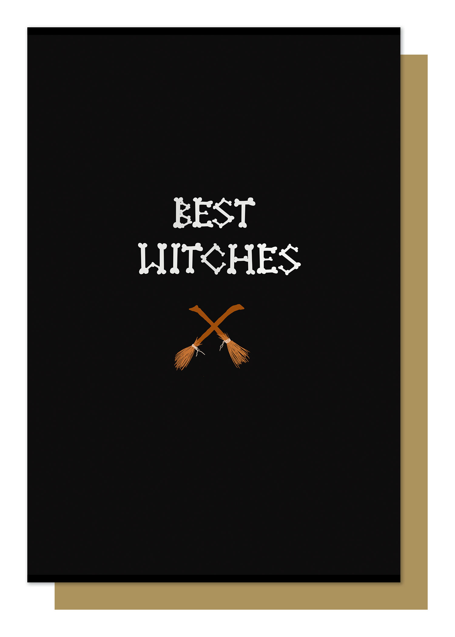 Wayward Black greetings crd with Best Witches written in bone letters with two small brooms crossed underneath