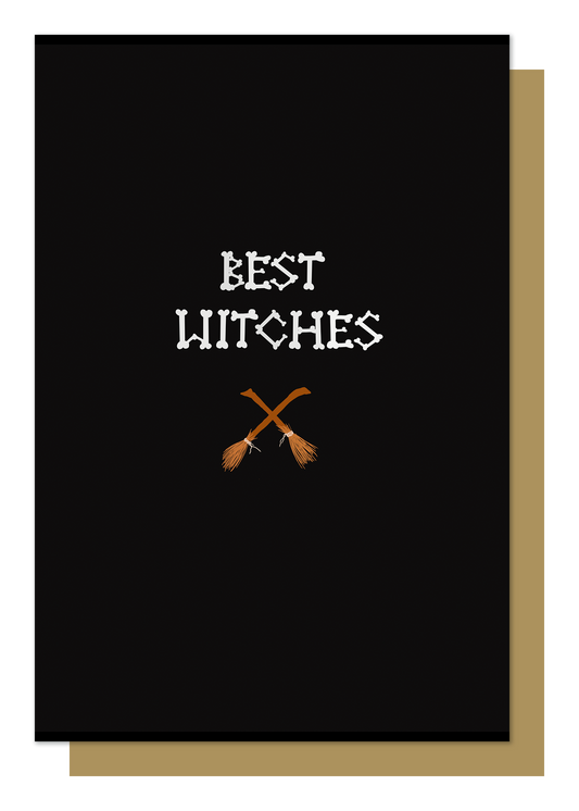 Wayward Black greetings crd with Best Witches written in bone letters with two small brooms crossed underneath
