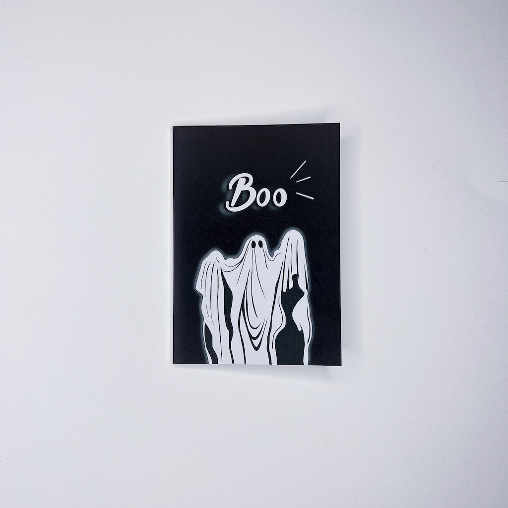 Boo Ghost Illustrated Black Greetings Card by Wayward