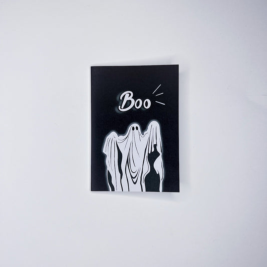 Boo Ghost Illustrated Black Greetings Card by Wayward