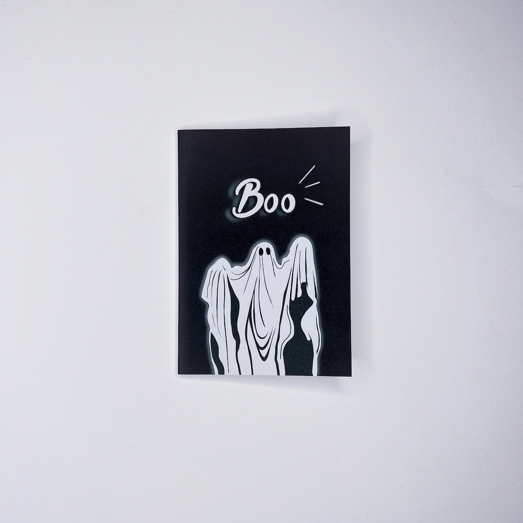 Boo Ghost Illustrated Black Greetings Card by Wayward 