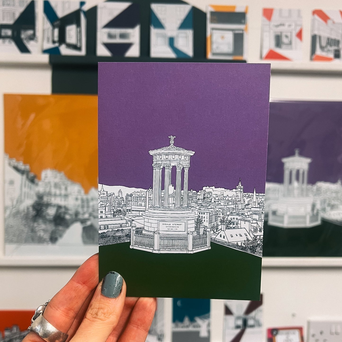 Wayward - Carlton Hill Edinburgh cityscape drawing with purple and green background
