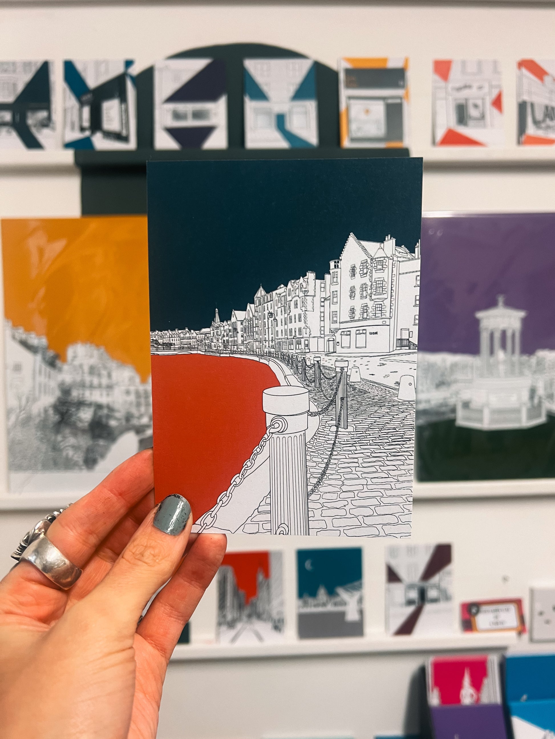 Leith Shore Edinburgh Postcard with orange and blue background