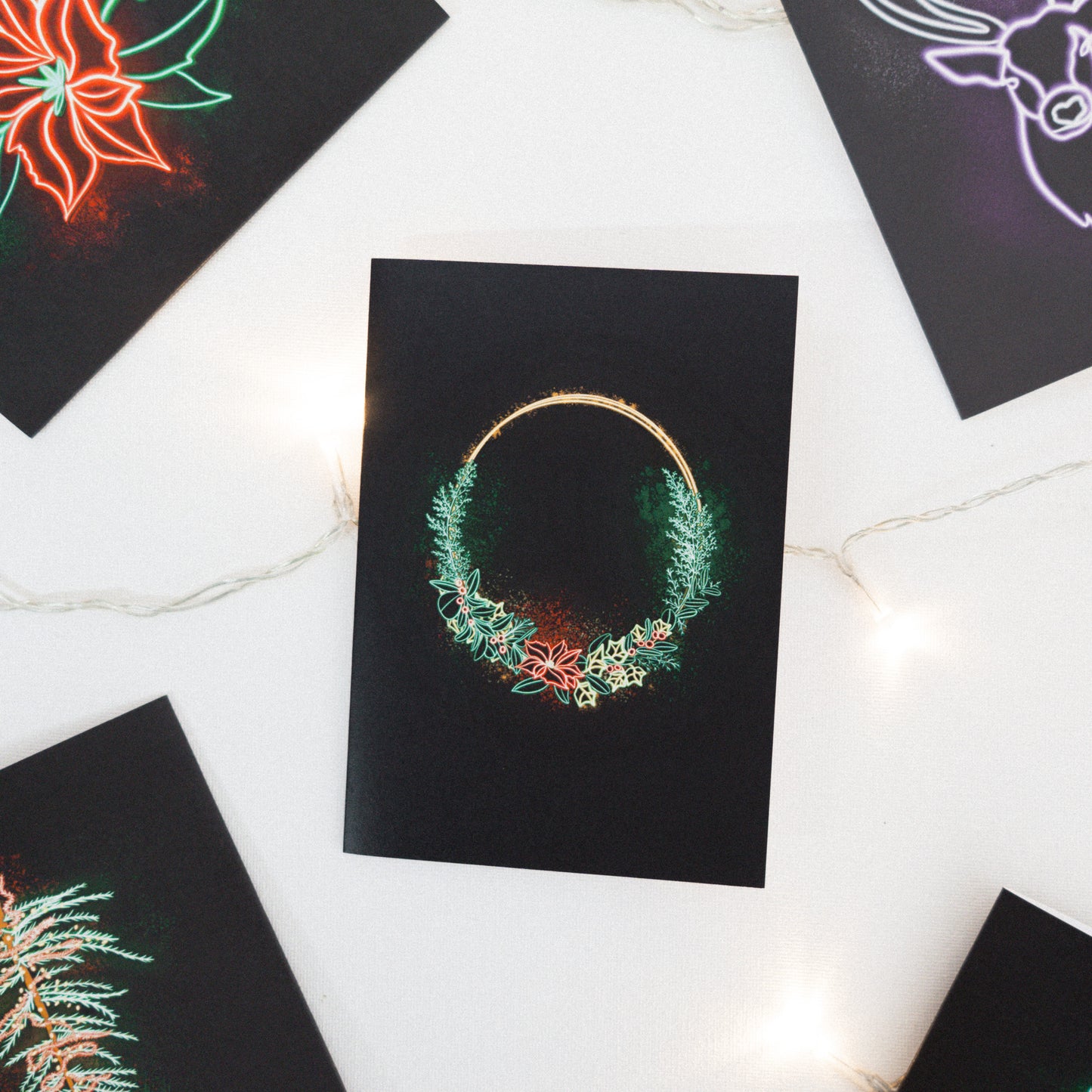 Traditional Wreath Neon Christmas Card