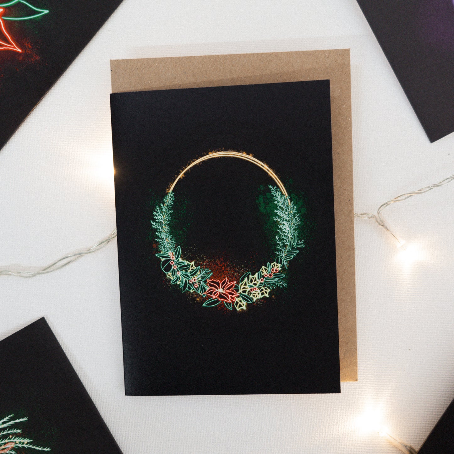 Traditional Wreath Neon Christmas Card