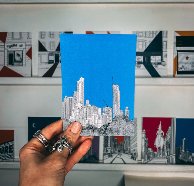 Wayward postcard - An architectural drawing of central park new york on blue background