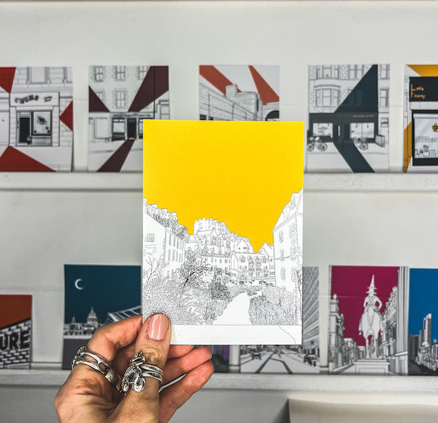 Wayward - Dean Village Edinburgh Postcard with yellow background