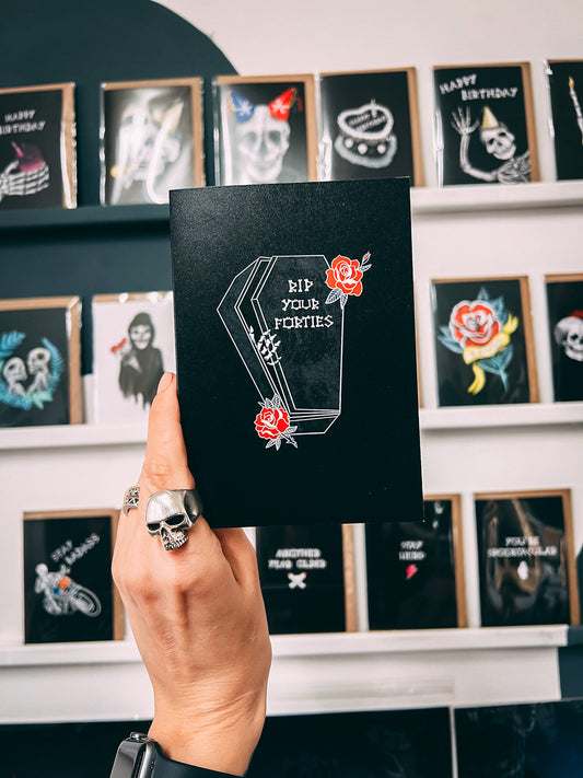 RIP Your Forties Coffin Gothic 50th Birthday Card