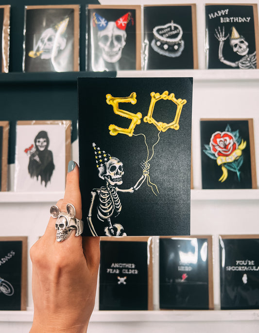 50 Balloon Skeleton Gothic Birthday Card