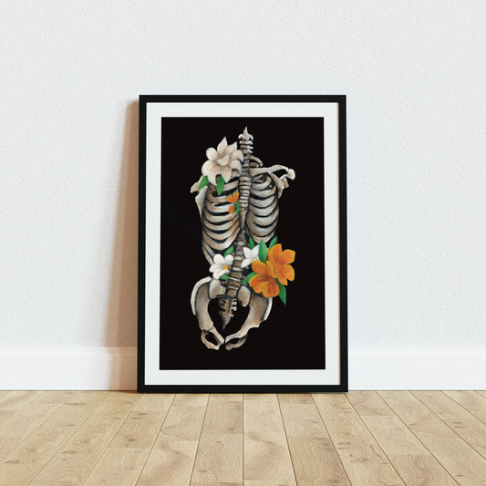 Skeleton Ribs with Flowers Gothic Art Print