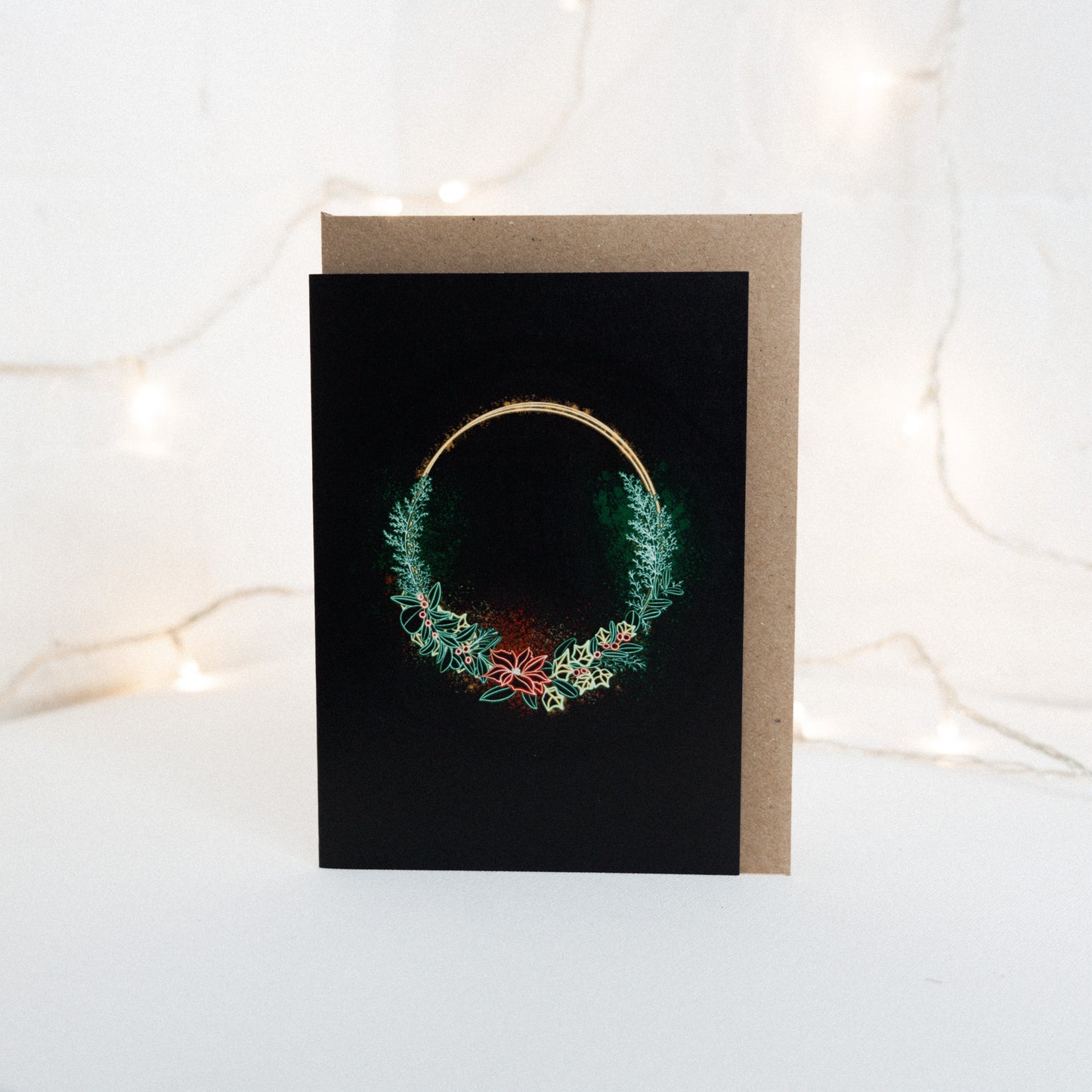 Traditional Wreath Neon Christmas Card