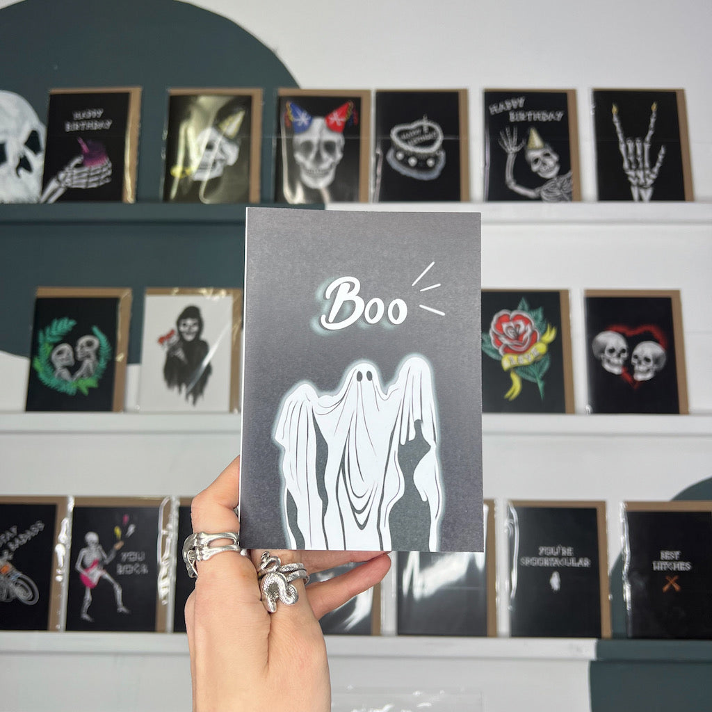 Boo Ghost Illustrated Black Greetings Card by Wayward