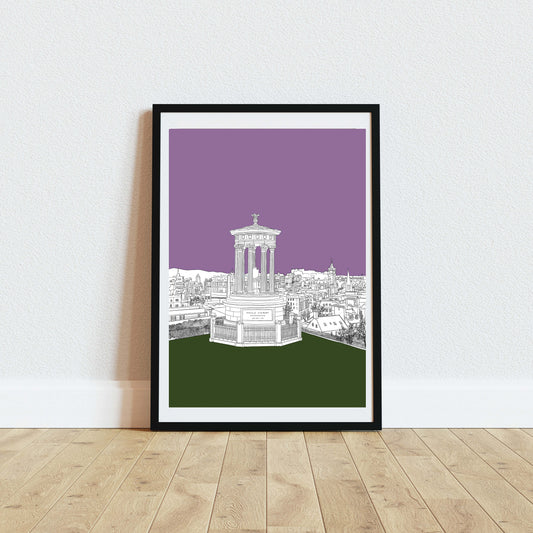 Wayward Carlton Hill Purple and Green Colour Block Edinburg Art Print in black frame against white wall