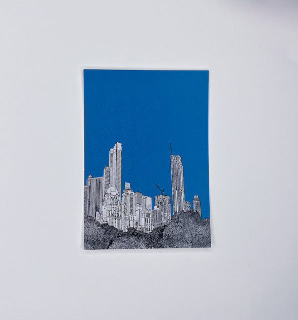 Wayward postcard - An architectural drawing of central park new york on blue background