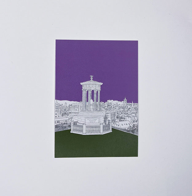 Wayward - Carlton Hill Edinburgh cityscape drawing with purple and green background