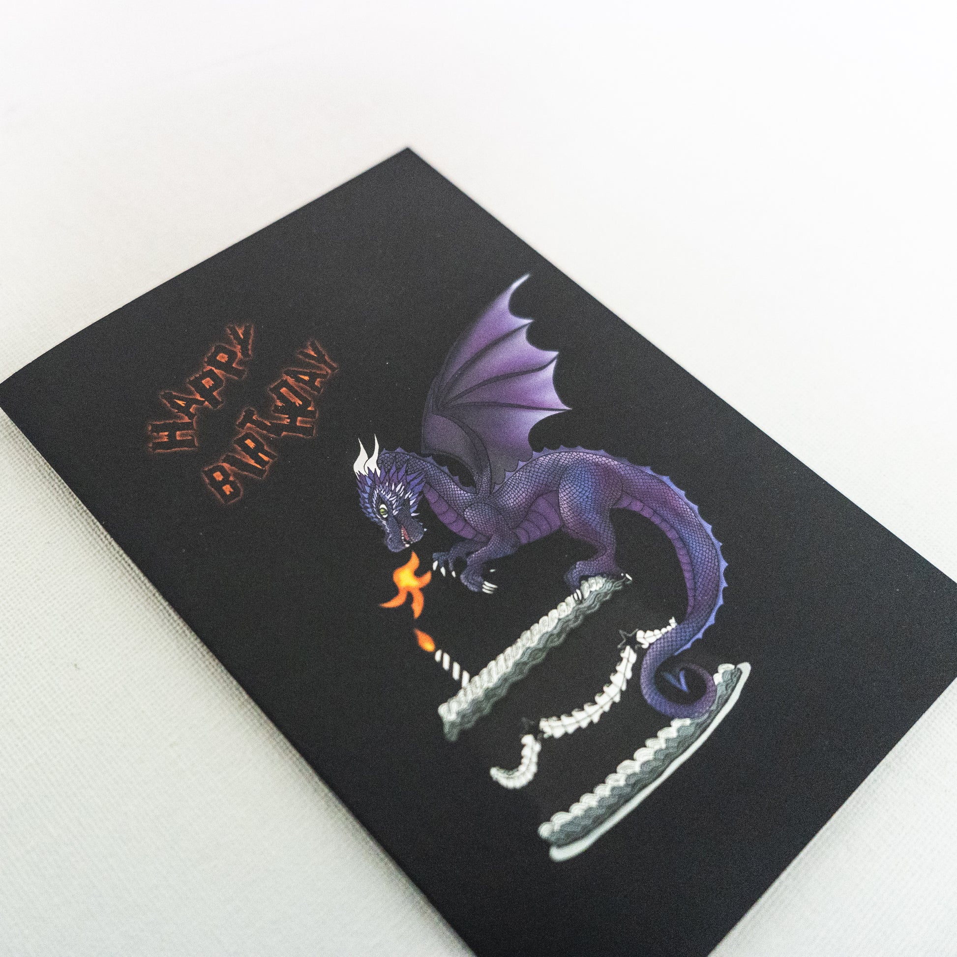 Purple Dragon on cake birthday card close up
