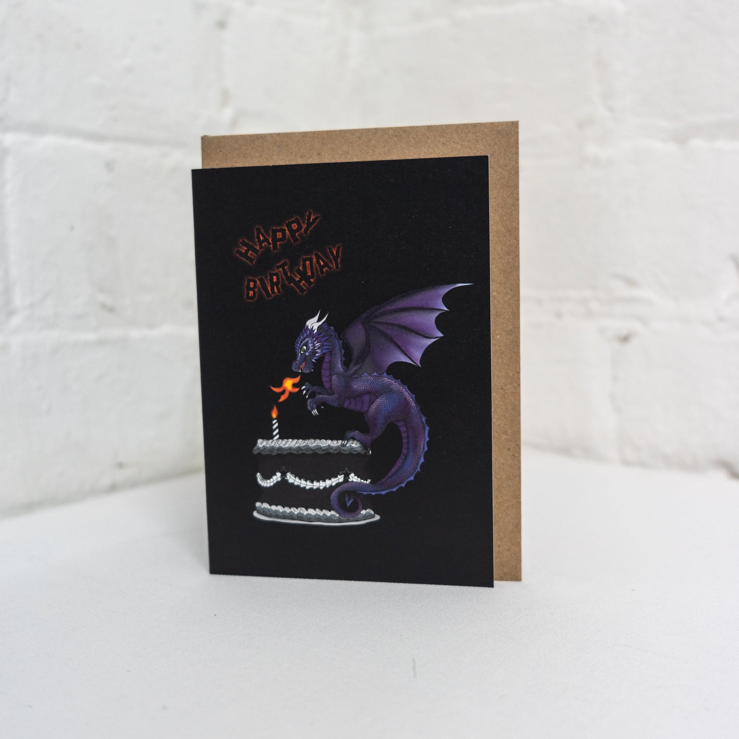 Purple Dragon on cake happy birthday card with envelope