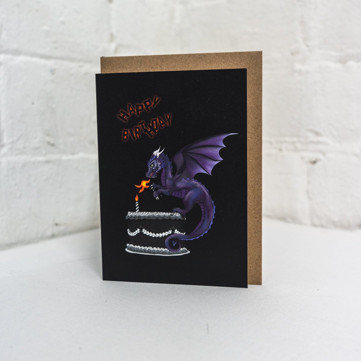 Purple Fire Breathing Dragon On Cake Birthday Card with envelope