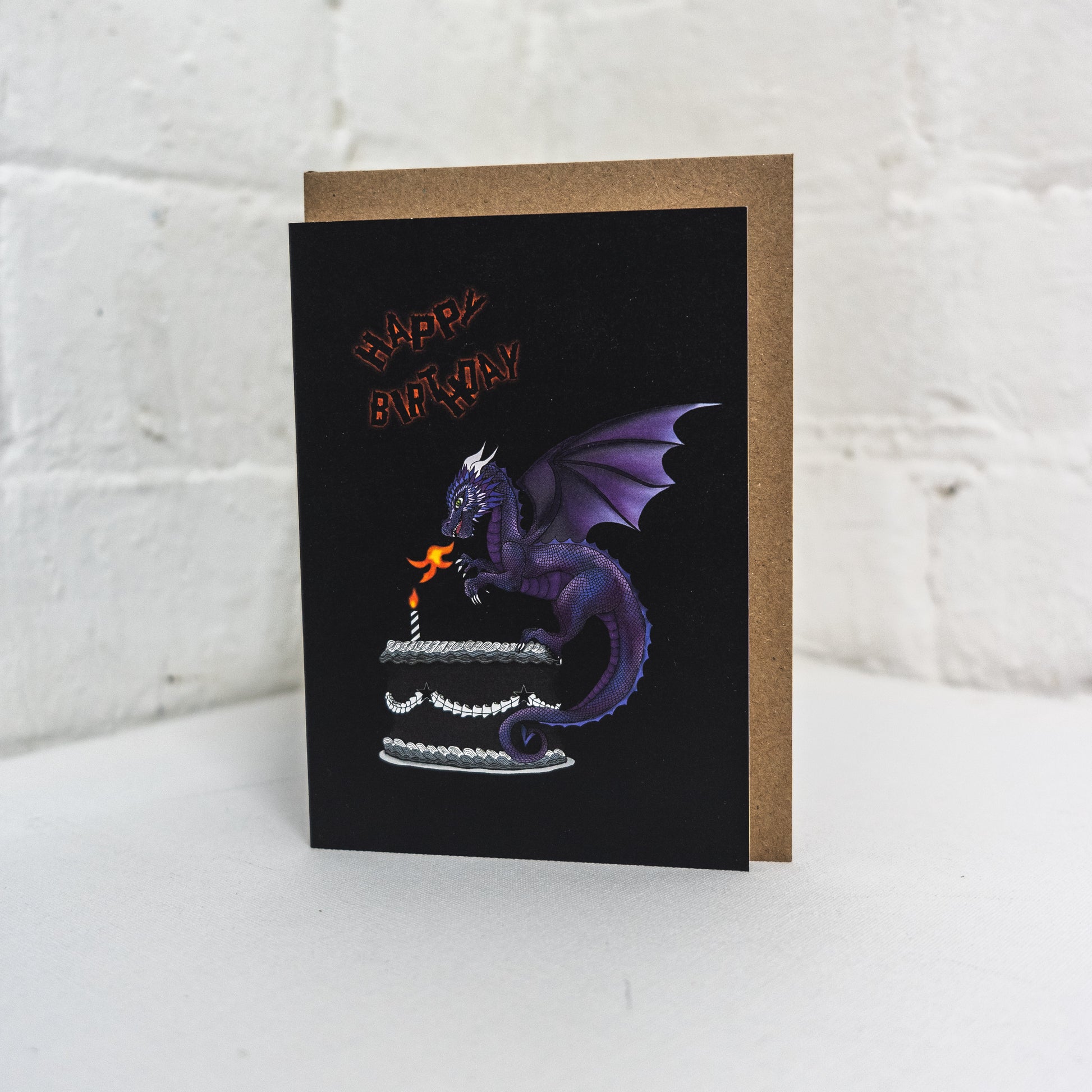 Purple Fire Breathing Dragon On Cake Birthday Card with envelope