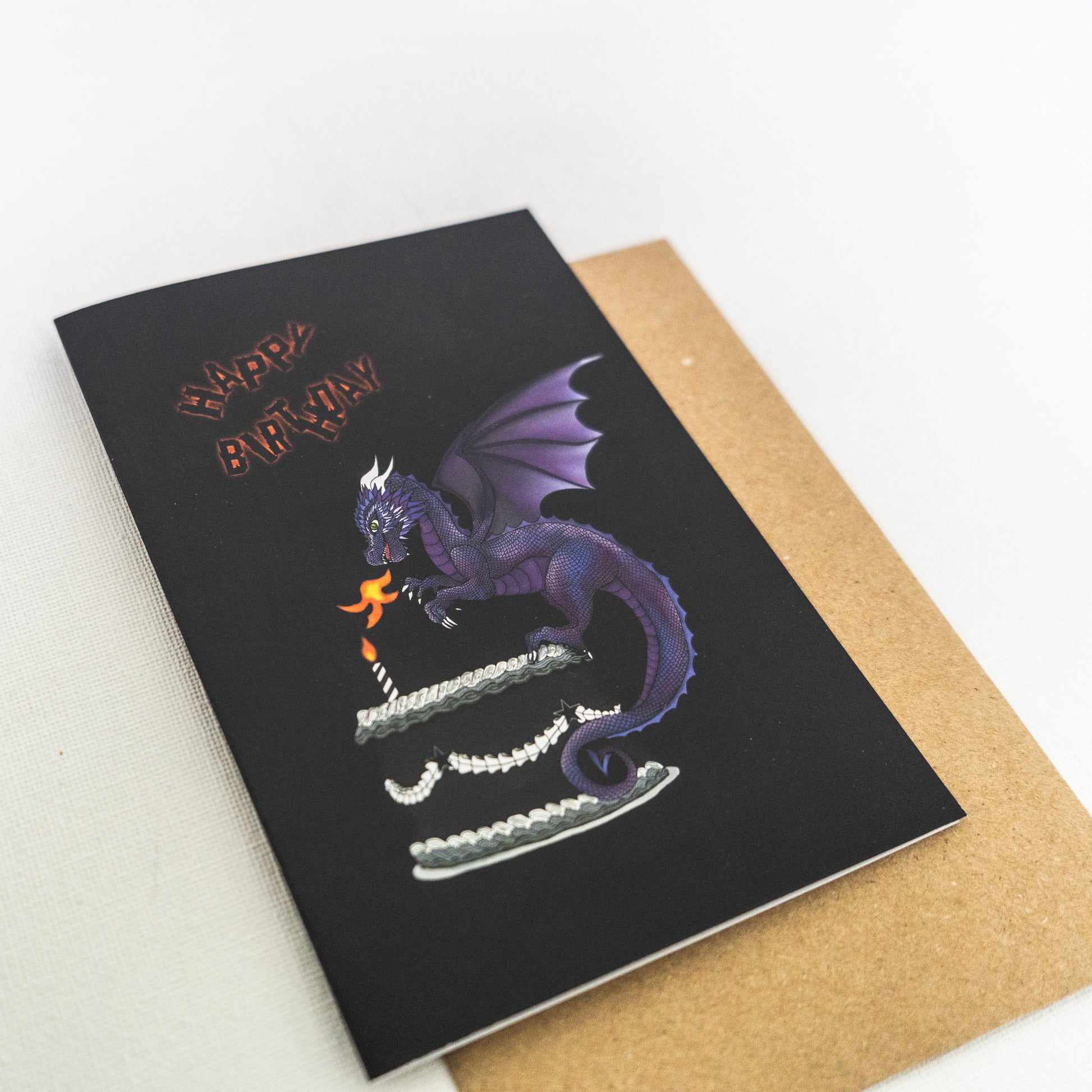 Purple Fire Dragon On Cake Birthday Card