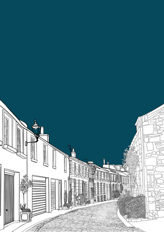 Wayward postcard of Circus Lane Edinburgh Scotland with blue background