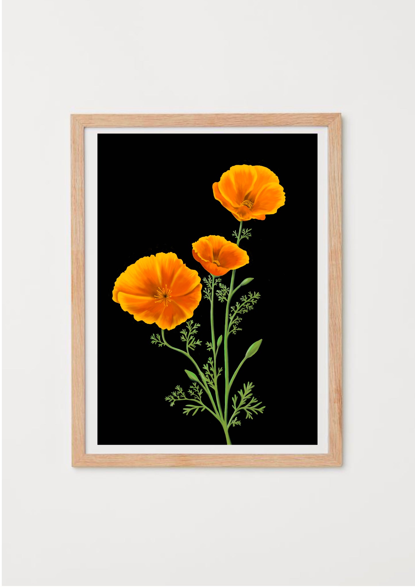 An illustrated art print of 3 orange california poppies on a black background in a wooden frame