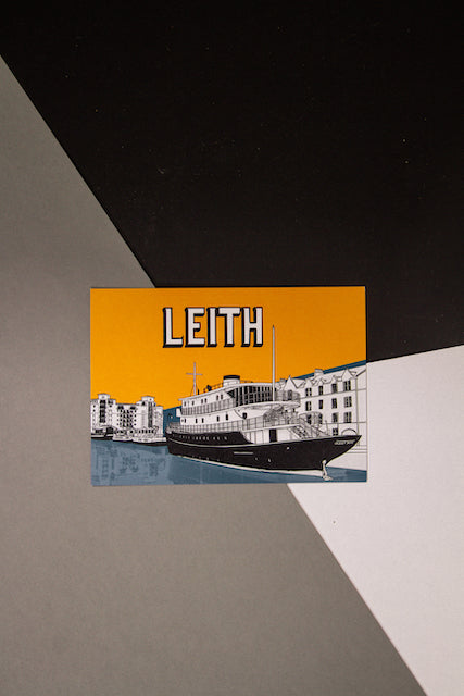 Leith Shore Edinburgh Postcard Yellow and Blue with Ocean Mist Ship Illustration