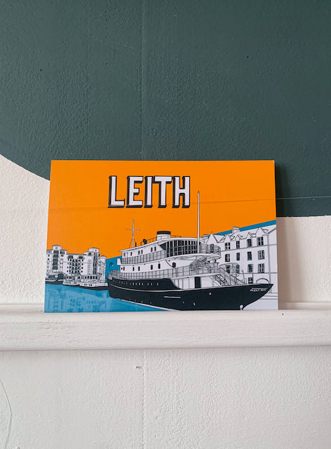 Leith Shore Edinburgh Postcard Yellow and Blue with Ocean Mist Ship Illustration