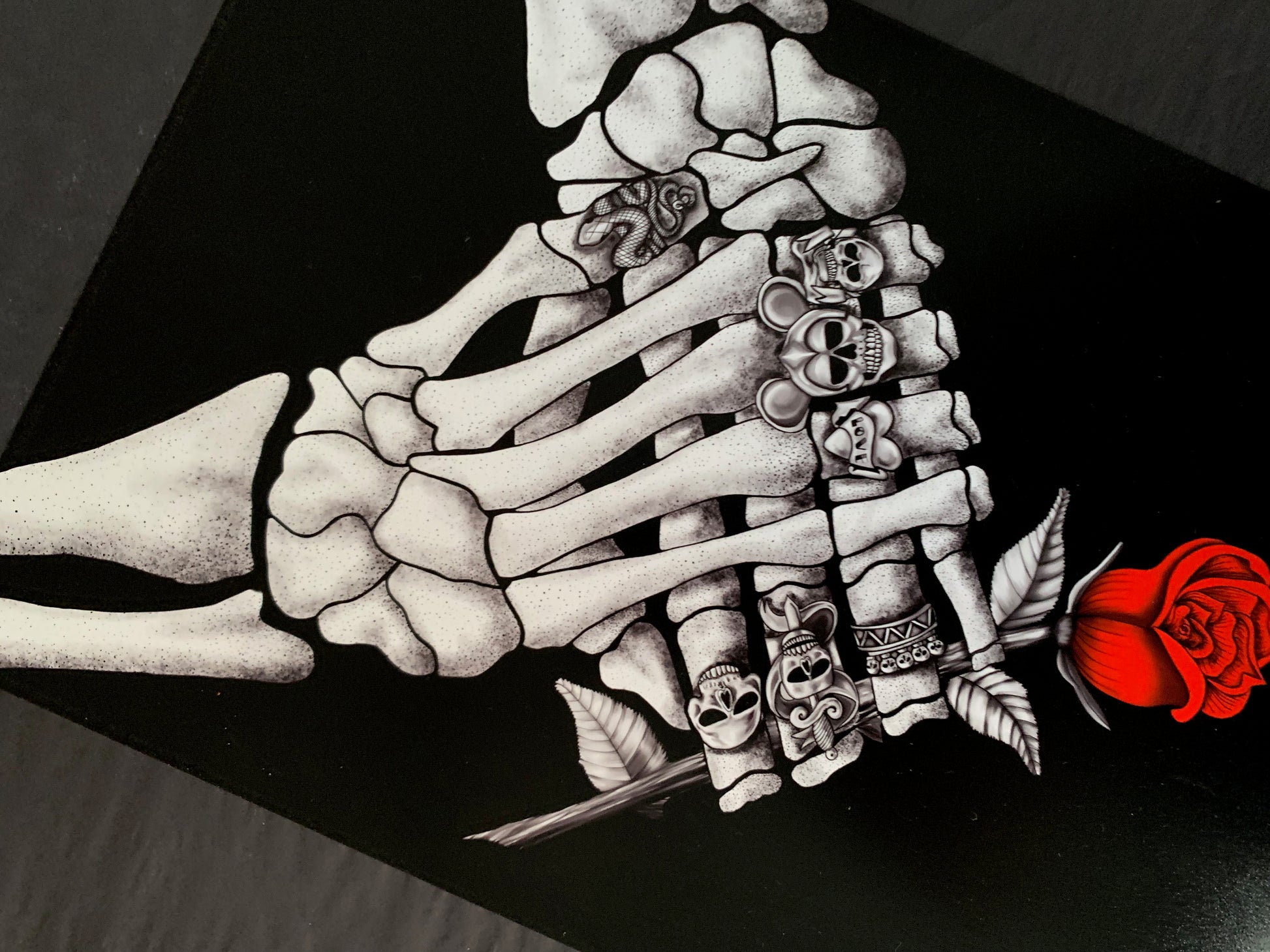 Skeleton with the great frog rings art print close up- wayward