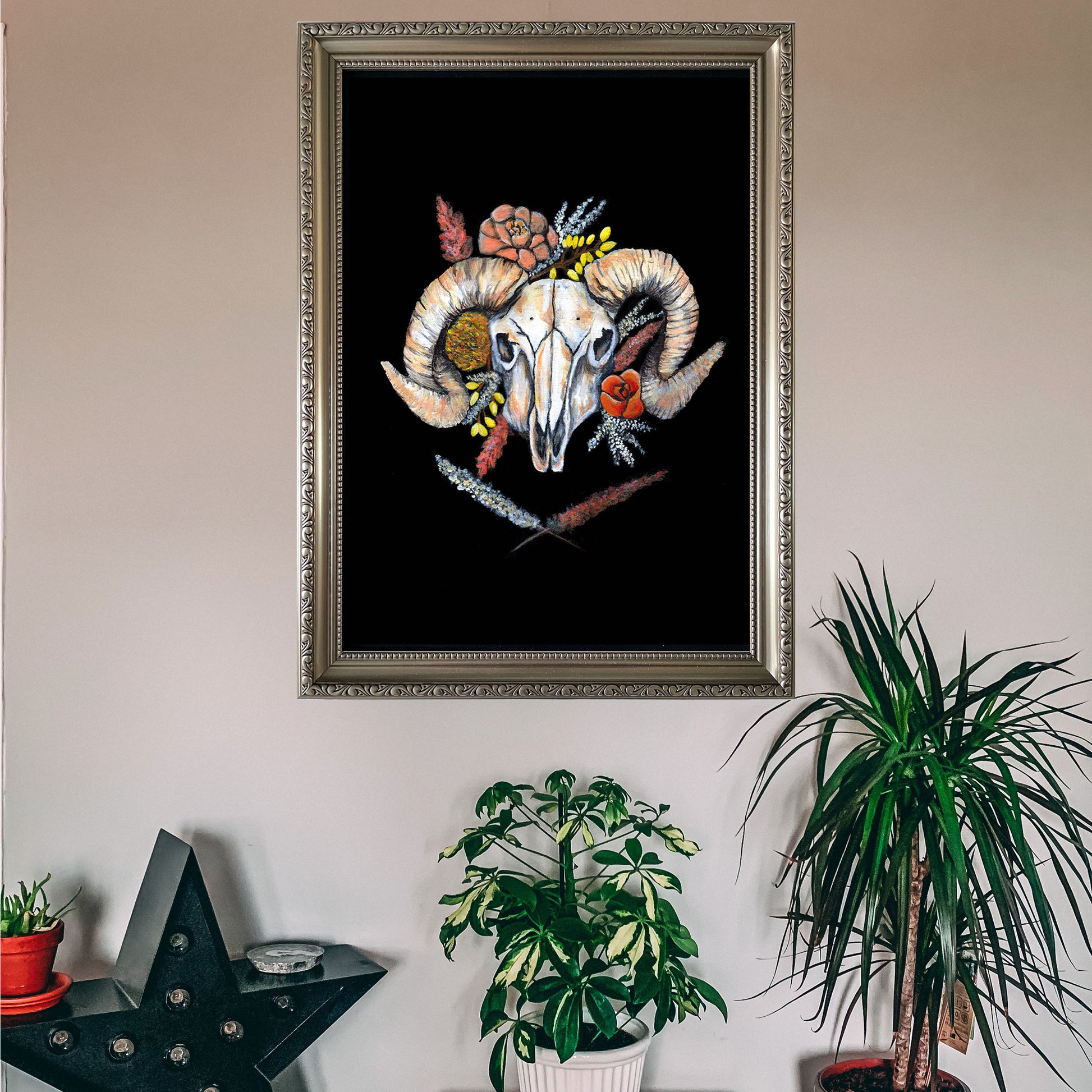 Ram Skull Art Print With Flowers  Framed- Wayward