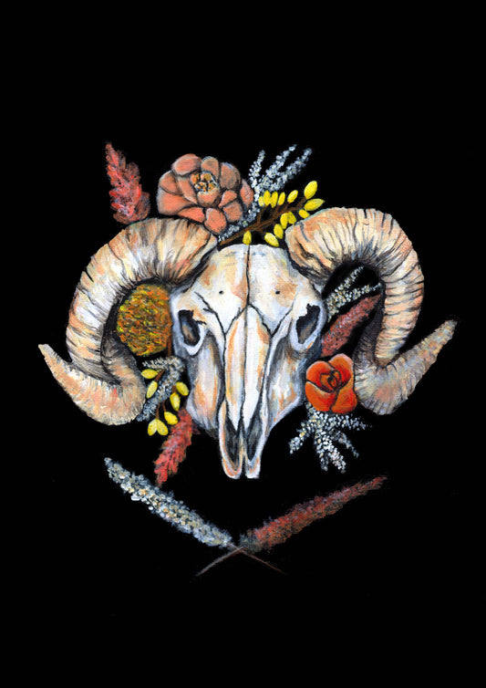 Ram Skull Art Print With Flowers  digital images - Wayward 