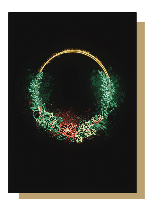 Traditional Wreath Neon Christmas Card