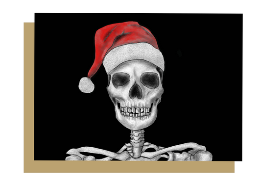 Skull with santa hat on black background christmas card by wayward