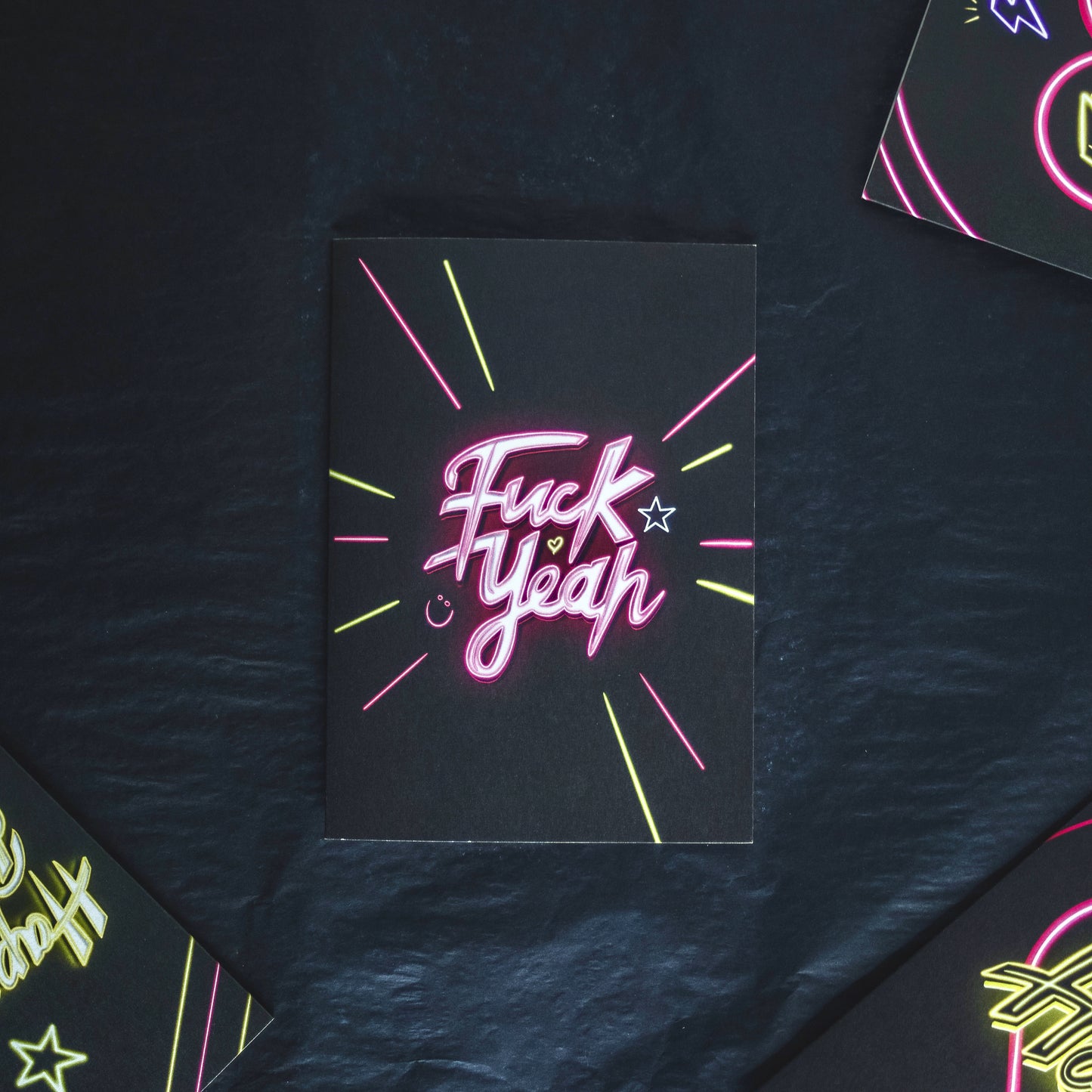 Greetings Card with Pink Neon Fuck Yeah Writing by Wayward